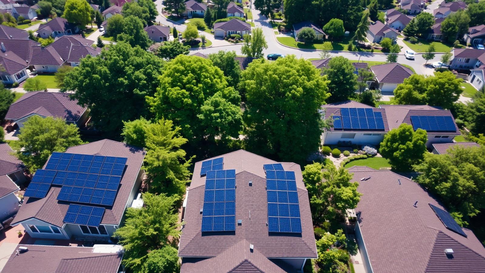 Aerial view of a suburban neighborhood with rooftop solar panels